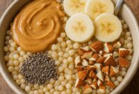 "Top-down view of a nutritious sorghum breakfast bowl featuring cooked sorghum, fresh banana slices, strawberries, almond butter, and chia seeds, perfect for a high-protein, gluten-free breakfast."